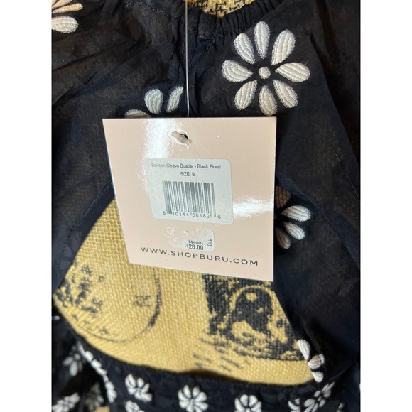 Buru Teagan crop Top Black White Puff Sleeve Sweetheart Neck Smocked size S - Picture 10 of 12